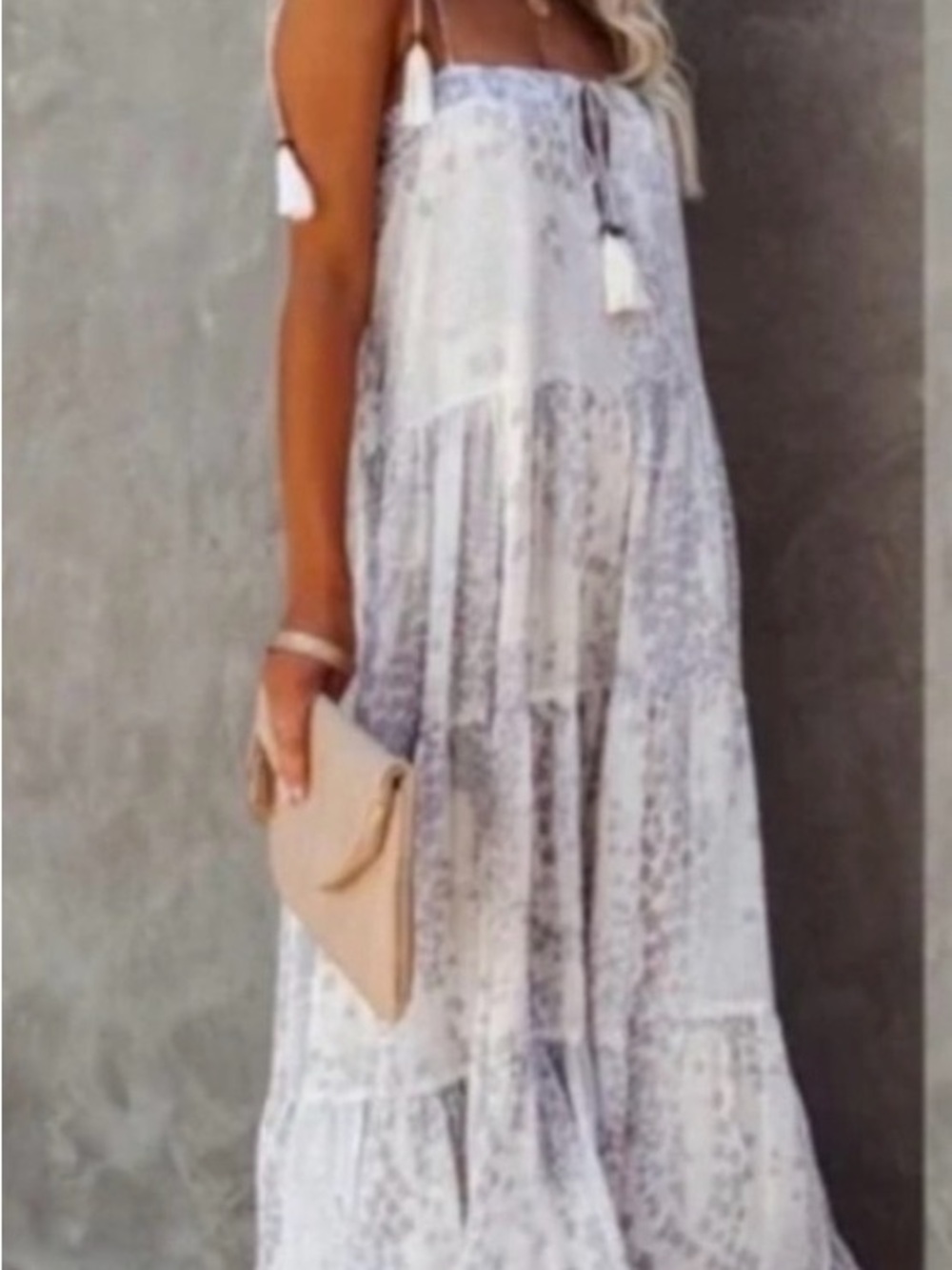 Storia Women’s Star Print Tiered Tassel Keyhole Front and Strap Maxi Dress